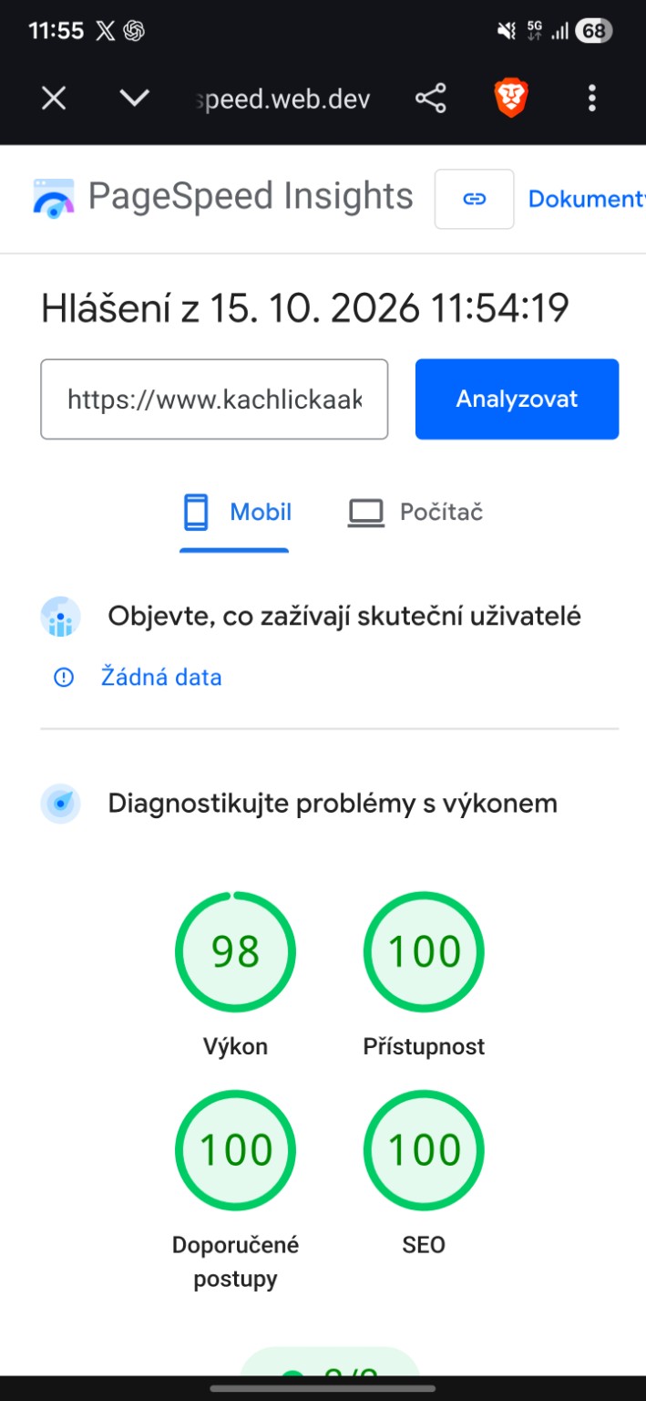 PageSpeed Insights z 15. října 2026: mobilní výkon 98, přístupnost, doporučené postupy a SEO 100