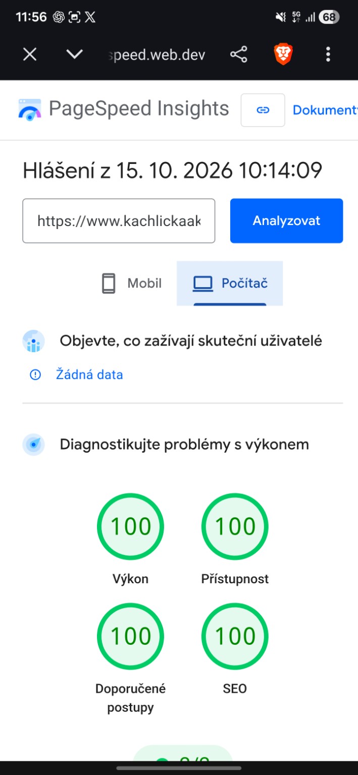 PageSpeed Insights z 15. října 2026: počítač, všechny čtyři kategorie 100 bodů